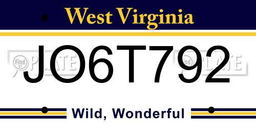 JO6T792 West Virginia License Plate