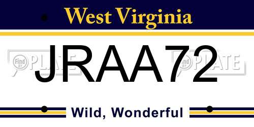 JRAA72 West Virginia License Plate