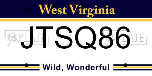 JTSQ86 West Virginia License Plate