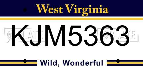 KJM5363 West Virginia License Plate
