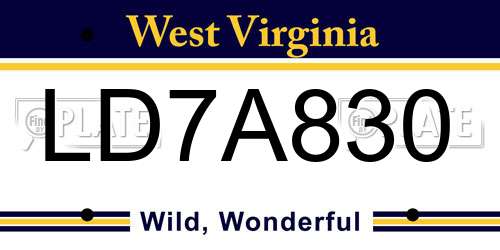 LD7A830 West Virginia License Plate