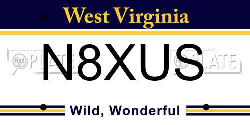 N8XUS West Virginia License Plate