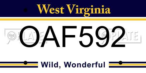 OAF592 West Virginia License Plate