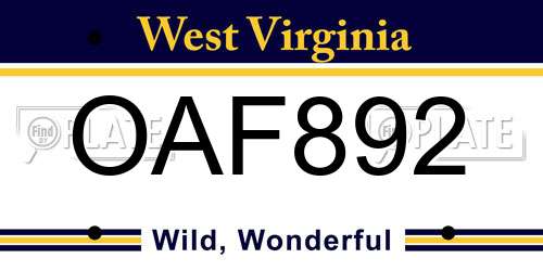 OAF892 West Virginia License Plate