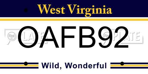 OAFB92 West Virginia License Plate