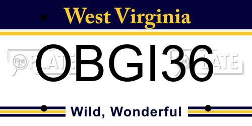 OBGI36 West Virginia License Plate