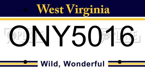 ONY5016 West Virginia License Plate