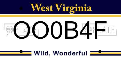 OO0B4F West Virginia License Plate