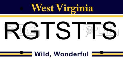 RGTSTTS West Virginia License Plate