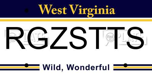 RGZSTTS West Virginia License Plate