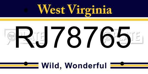 RJ78765 West Virginia License Plate