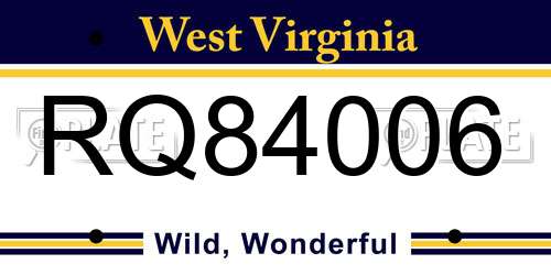 RQ84006 West Virginia License Plate