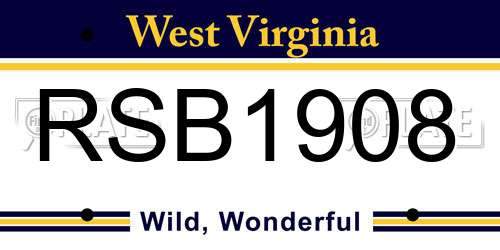RSB1908 West Virginia License Plate