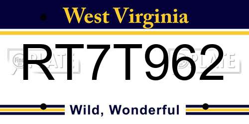 RT7T962 West Virginia License Plate