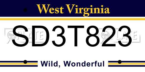 SD3T823 West Virginia License Plate