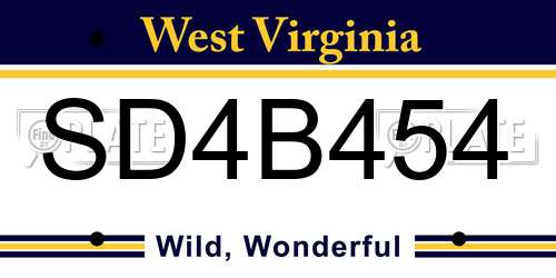 SD4B454 West Virginia License Plate