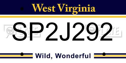 SP2J292 West Virginia License Plate