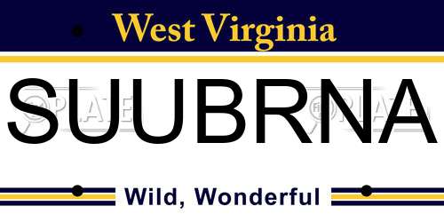 SUUBRNA West Virginia License Plate