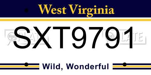 SXT9791 West Virginia License Plate