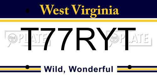 T77RYT West Virginia License Plate
