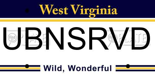 UBNSRVD West Virginia License Plate