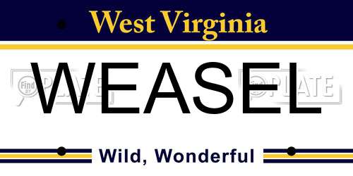 WEASEL West Virginia License Plate