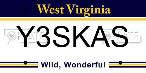 Y3SKAS West Virginia License Plate