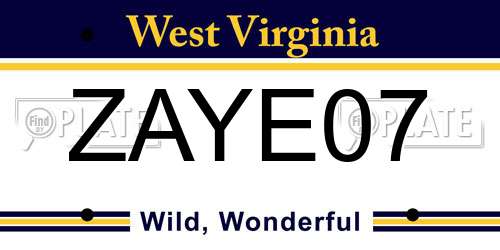 ZAYE07 West Virginia License Plate
