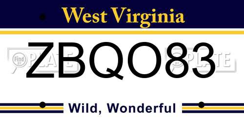 ZBQO83 West Virginia License Plate