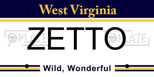 ZETTO West Virginia License Plate