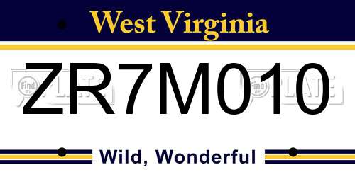 ZR7M010 West Virginia License Plate