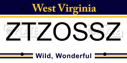 ZTZOSSZ West Virginia License Plate