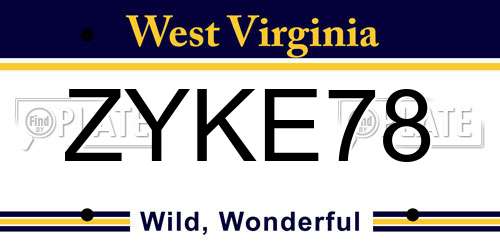ZYKE78 West Virginia License Plate