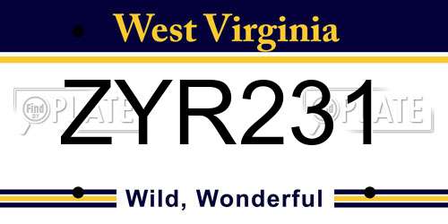 ZYR231 West Virginia License Plate